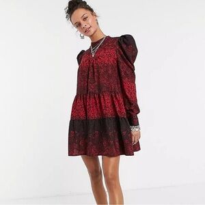 Topshop Red Black Floral Tiered Puff Sleeve Mini Dress 4
